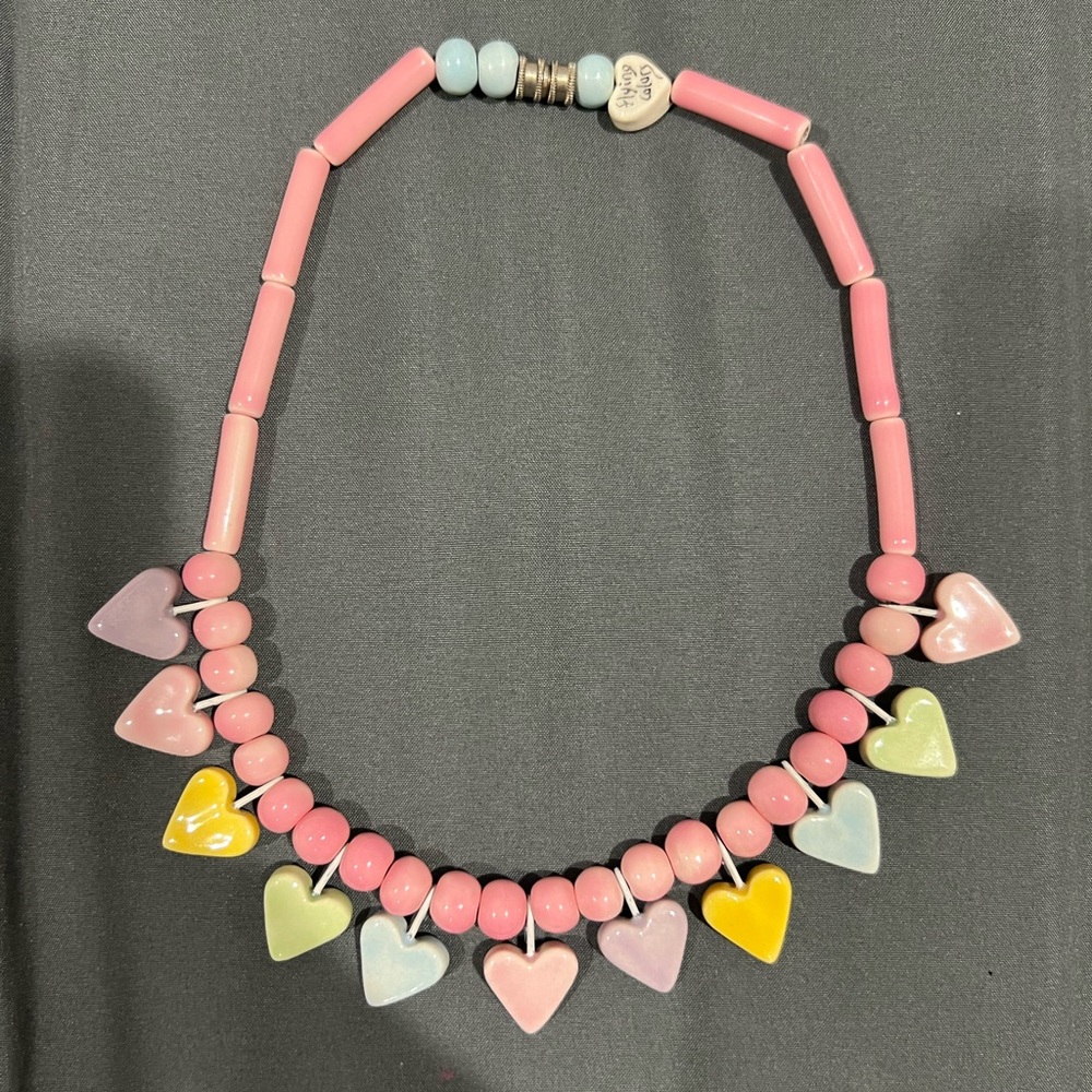 Flying Colors 1980s Vintage Pink Heart Ceramic Necklace